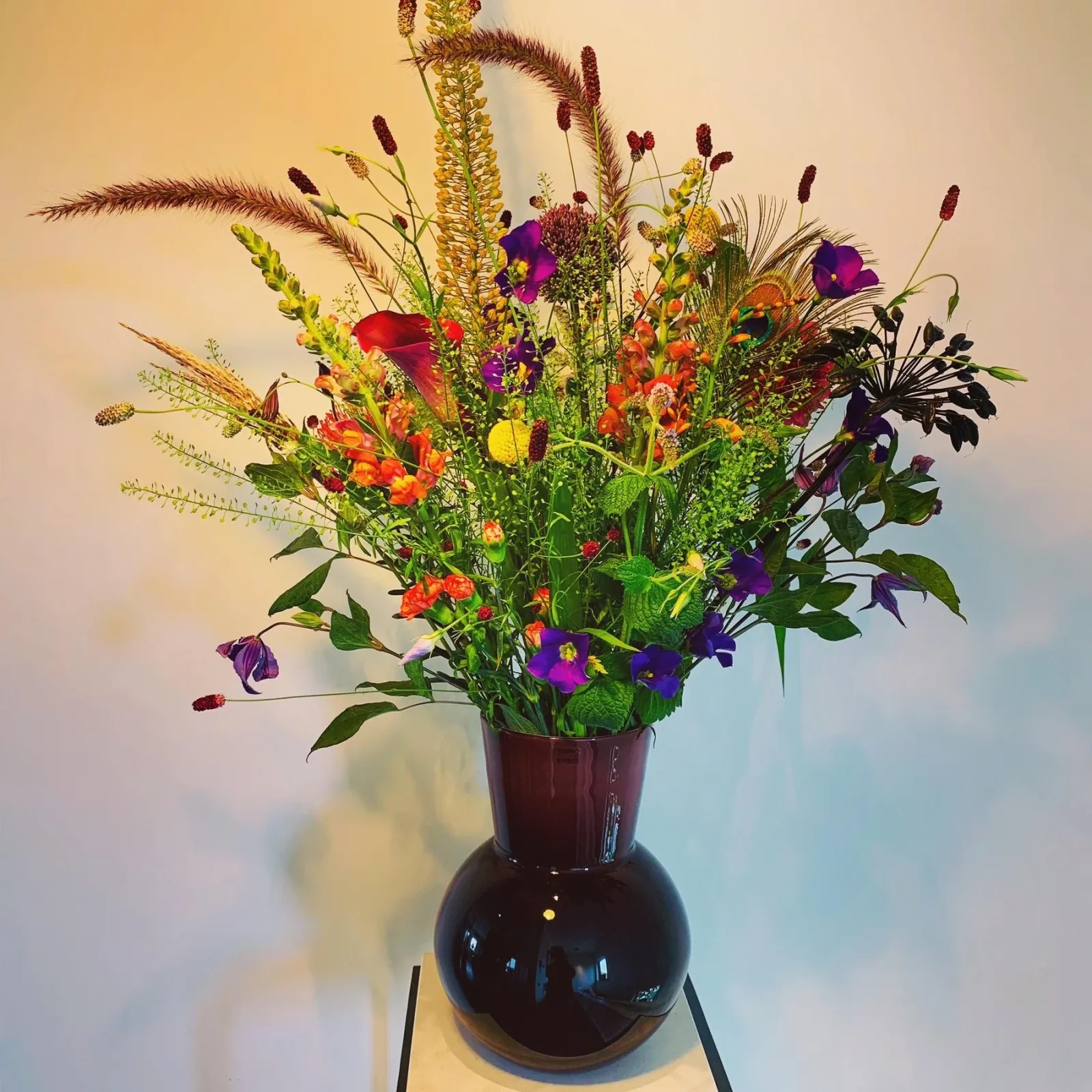 Wild, kleurrijk boeket met pluimen en zomerbloemen in een bordeauxrode vaas