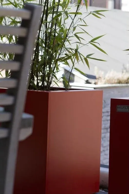 Detail van een rode plantenbak met bamboe