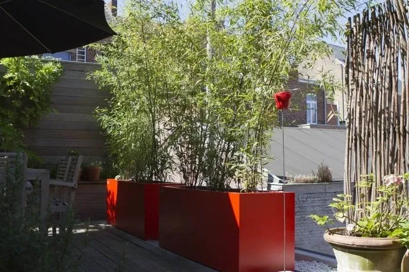 Terras met rode plantenbakken, bamboe en een rieten scherm